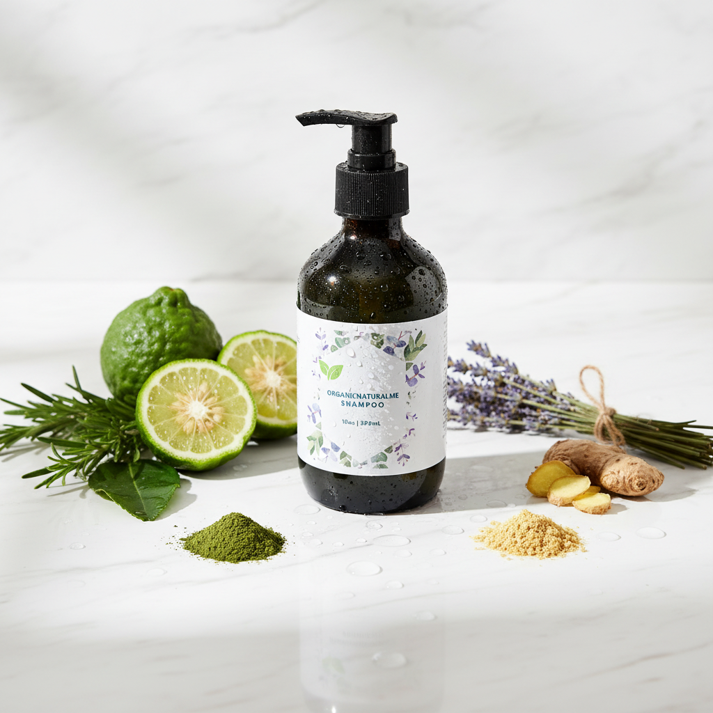 Natural Hair Shampoo with fresh bergamot citrus and botanical herbs on marble surface