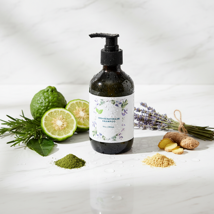 Natural Hair Shampoo with fresh bergamot citrus and botanical herbs on marble surface