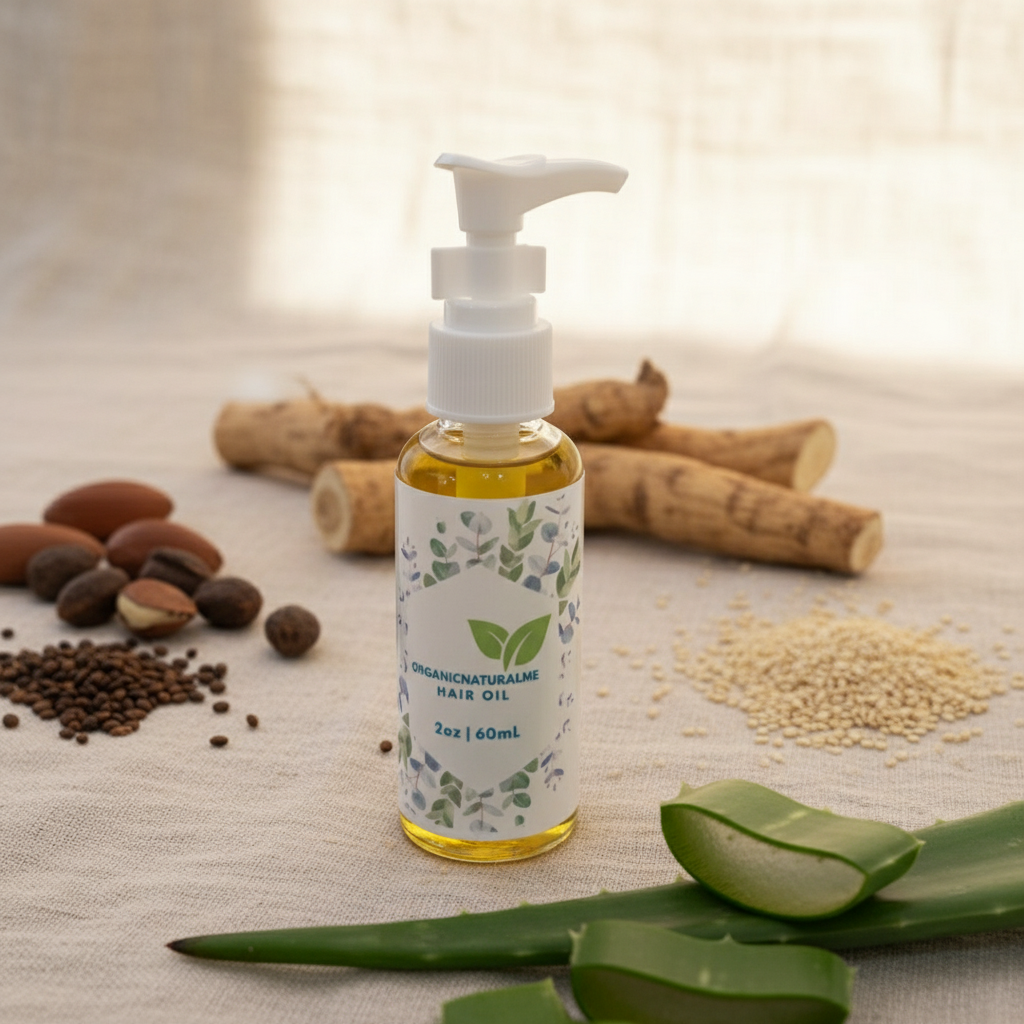 Ultimate Hair Nourish Oil with organic ingredients - argan nuts, moringa seeds, sesame, aloe vera, ashwagandha
