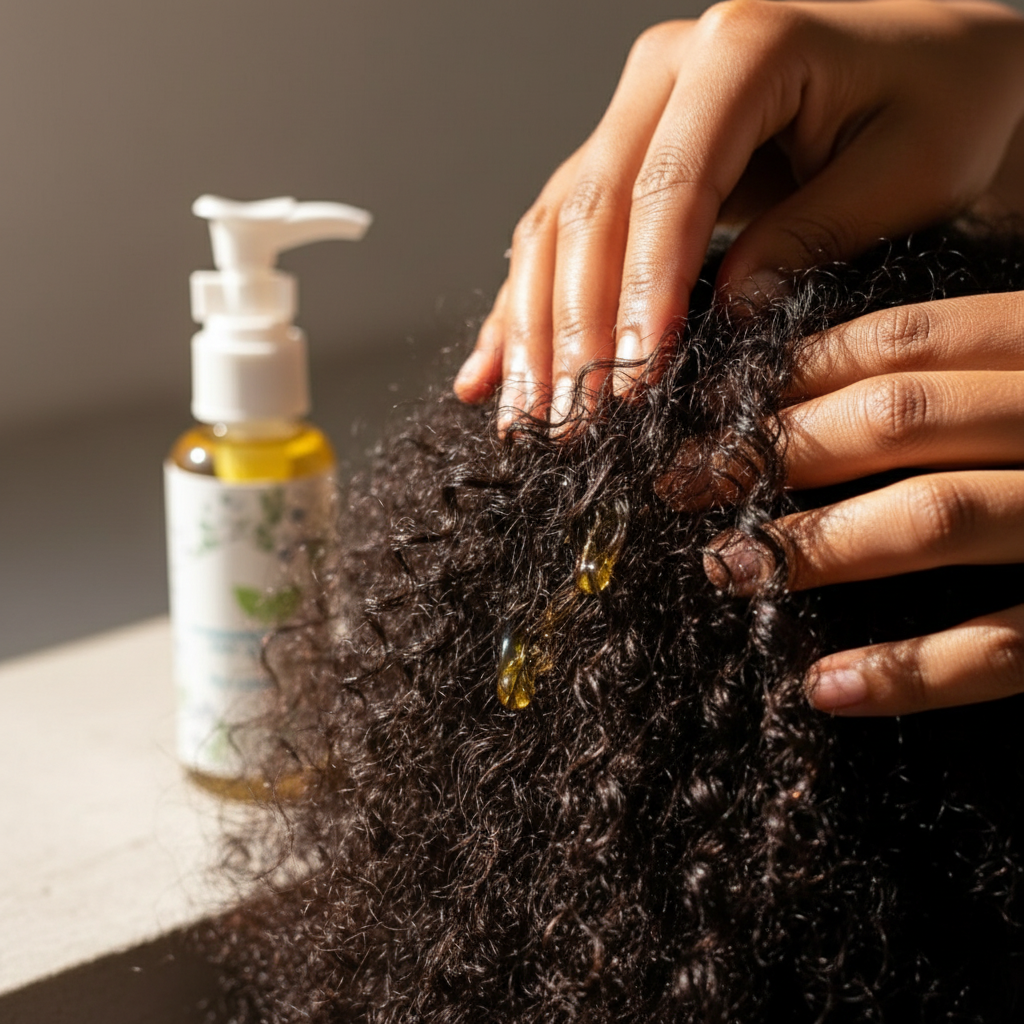 Applying organic hair oil to natural textured hair showing shine and nourishment