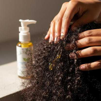 Applying organic hair oil to natural textured hair showing shine and nourishment