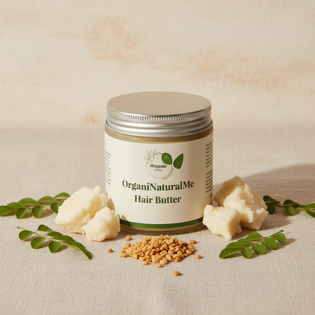 OrganicNaturalMe Hair Butter with natural ingredients - shea butter, fenugreek seeds, and moringa leaves on earthy background