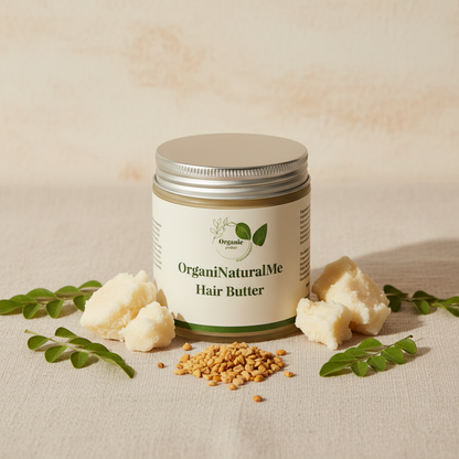 OrganicNaturalMe Hair Butter with natural ingredients - shea butter, fenugreek seeds, and moringa leaves on earthy background