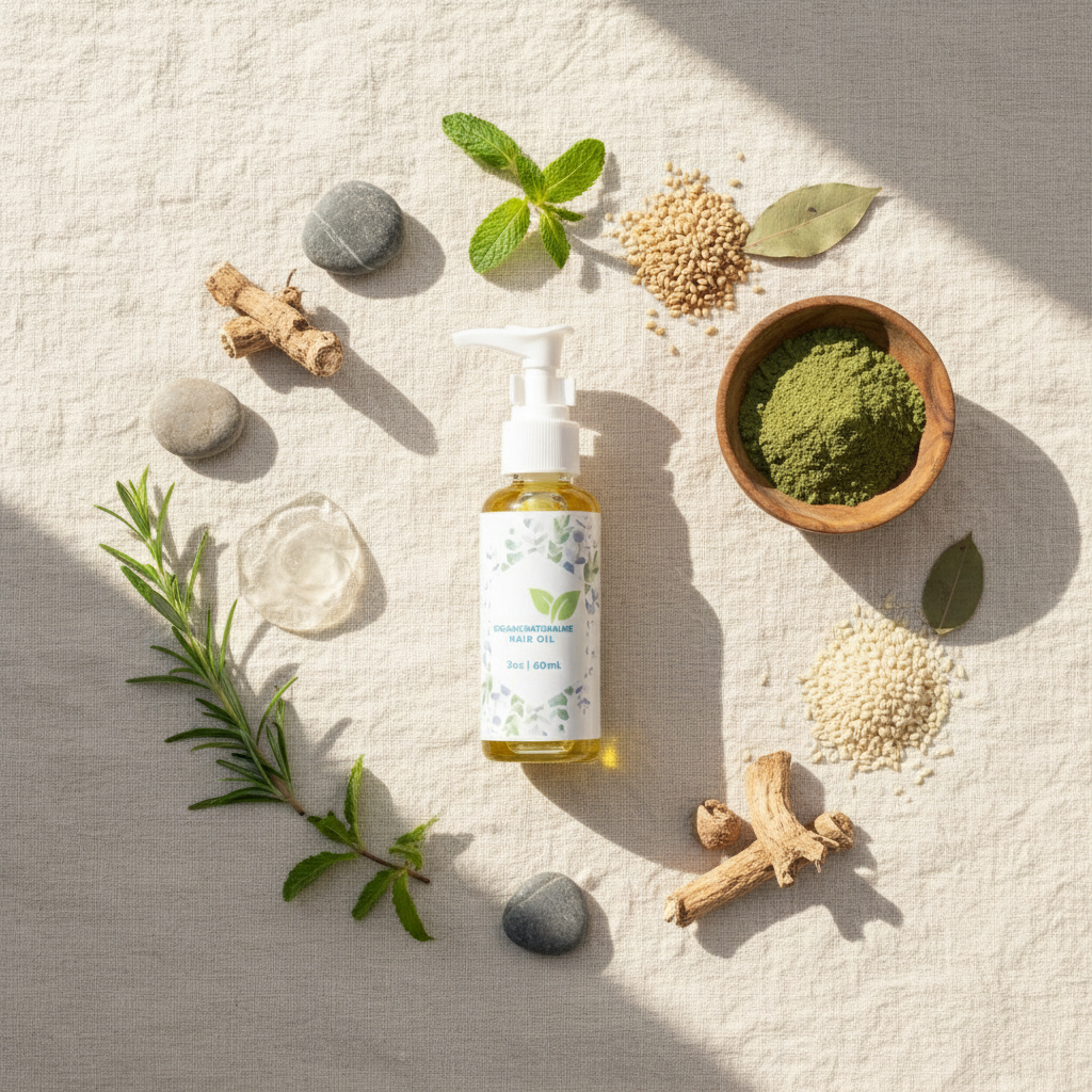 Ayurvedic hair care ingredients flat lay - argan oil, moringa powder, sesame seeds, aloe vera, ashwagandha