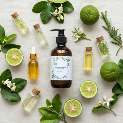 Bergamot essential oil and organic botanical ingredients flat lay for natural shampoo
