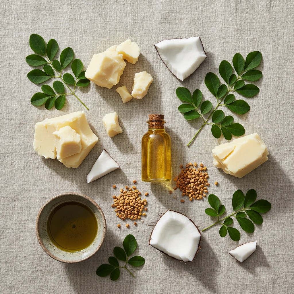 Natural organic hair care ingredients - shea butter, argan oil, moringa leaves, fenugreek seeds flat lay
