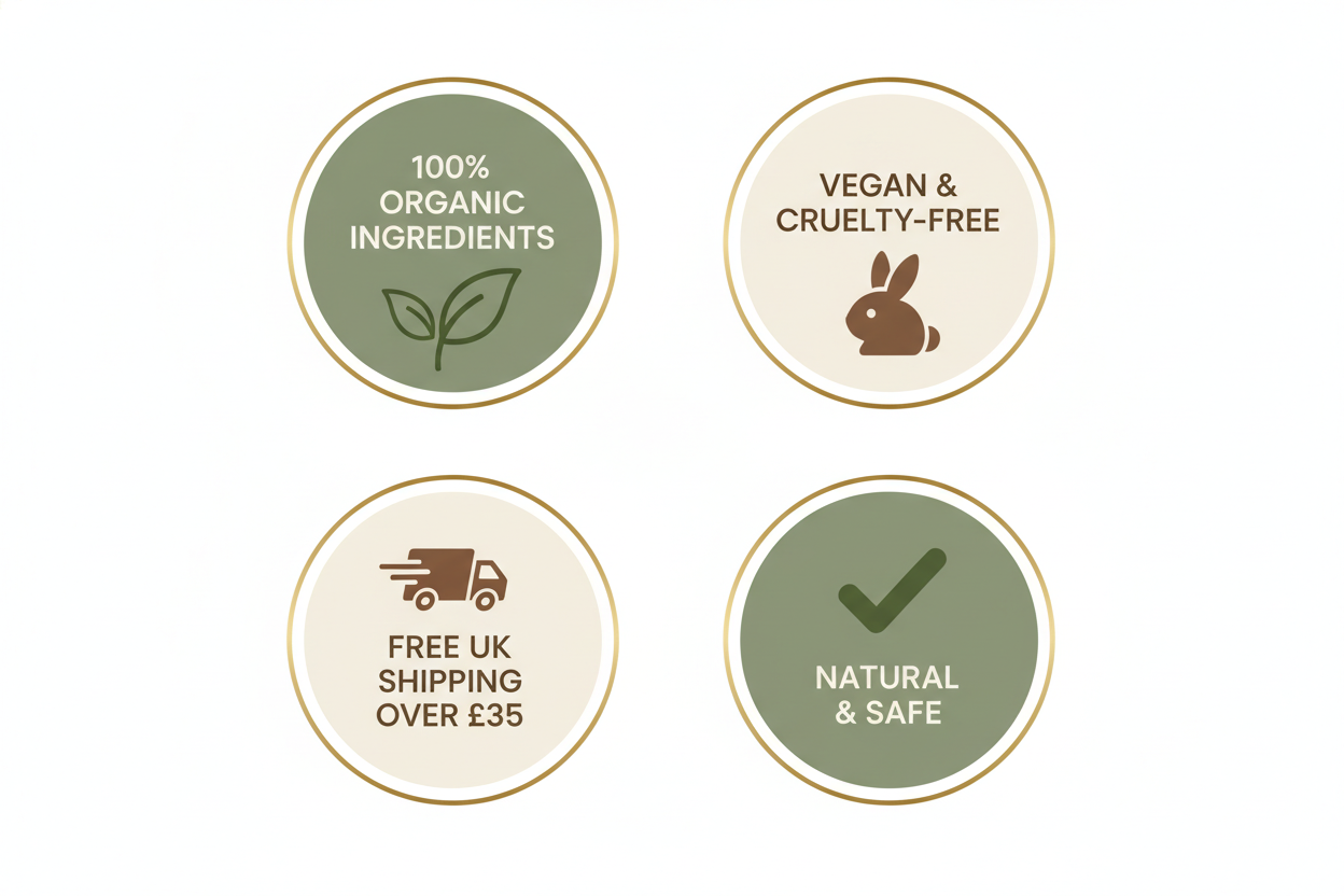 Trust badges - 100% Organic, Vegan & Cruelty-Free, Free UK Shipping Over £35