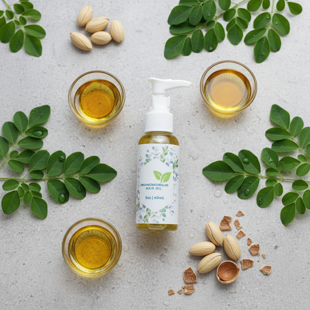 OrganicNaturalMe Hair Oil in spa setting with natural stone and fresh botanicals