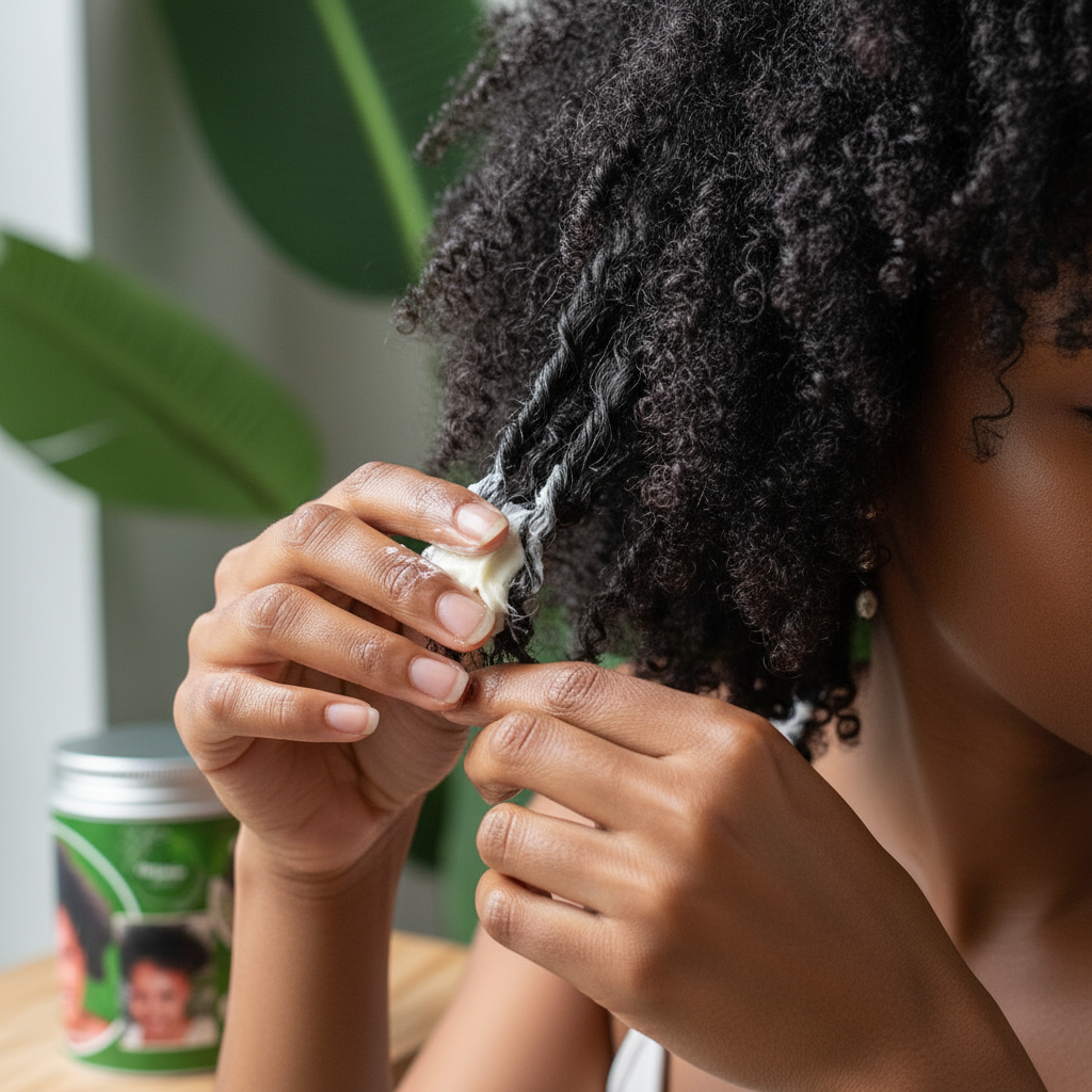 Woman applying OrganicNaturalMe High Porosity Hair Butter to natural curly hair