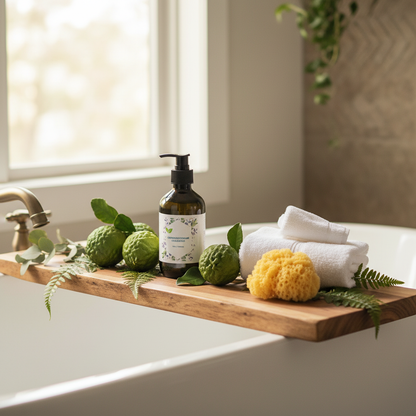 Organic shampoo in spa bathroom setting with bergamot fruit and natural botanicals